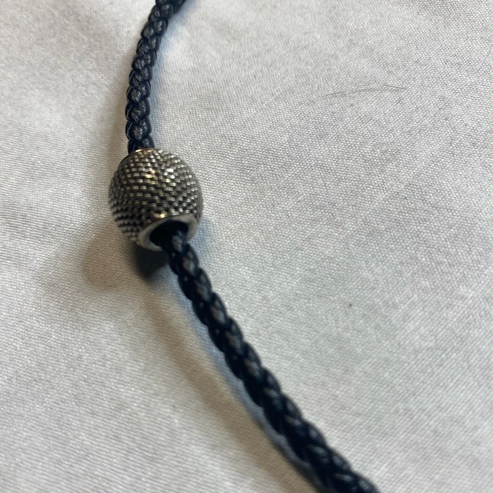 TIFFANY & CO MENS VINTAGE STERLING  NECKLACE BRAIDED BLACK LEATHER 18-1/2” NEW - Picture 5 of 7